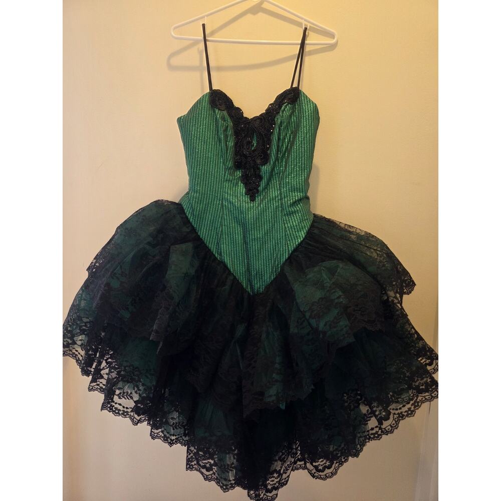Vtg Loralie Black Green Lace Tutu Metallic Dress sequin party formal Prom Sz 8